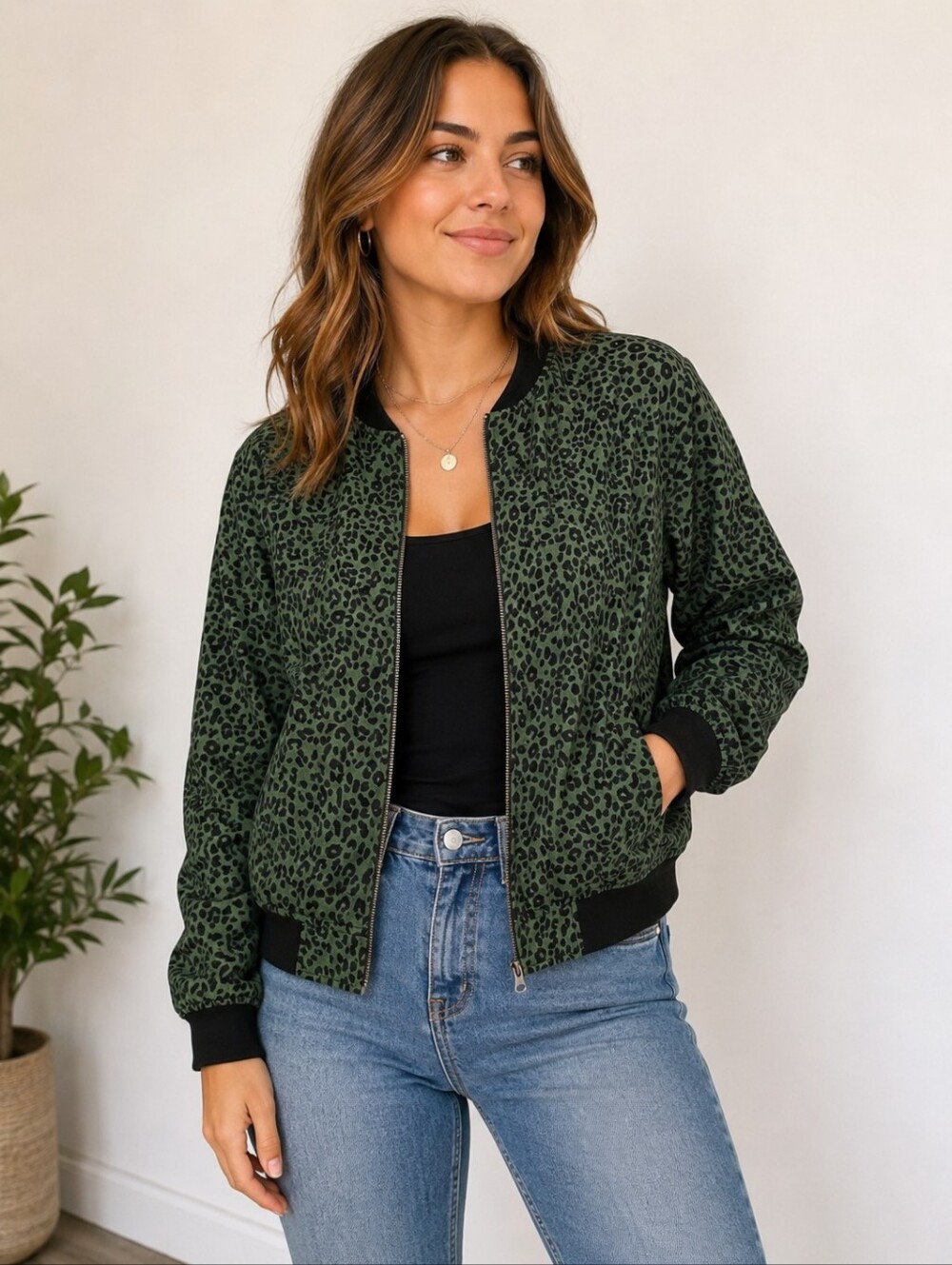beachlunchlounge Green Leopard Print Bomber Jacket with Black Trim And Pockets